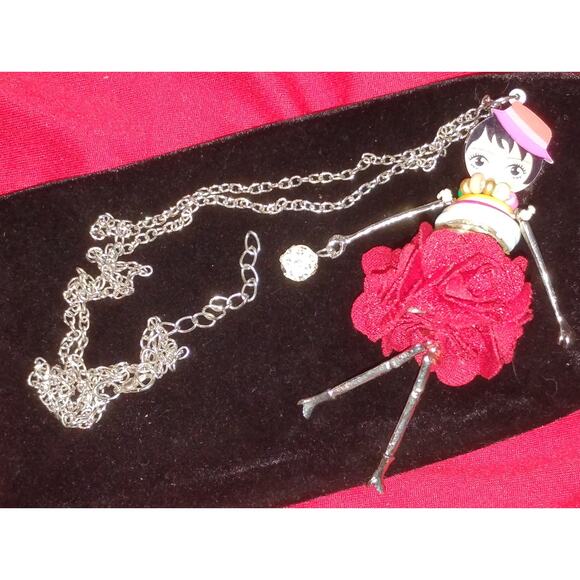 Art Doll Pendant Necklace Paris Inspired Floral Dress Statement 35” - Picture 3 of 3